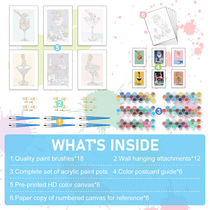 6 Pack Paint by Numbers Kit for Adults Beginners - 8x12 Inch Cocktail Adult Paint by Number Kits on Canvas, Cocktail DIY Acrylic Oil Number Painting Kits for Adults, Perfect for Gift Home Decor