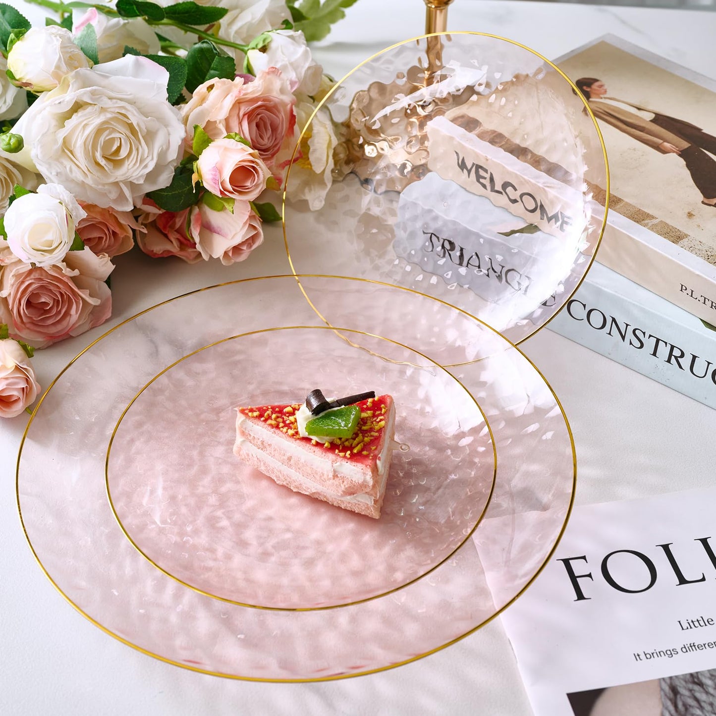 FOCUSLINE 60Pcs Clear Plastic Plates, Pink Disposable Plates with Gold Rim, 30 7" Salad Dessert Plate and 30 10" Dinner Plate Heavy-duty Hammered Plates for Party, Wedding