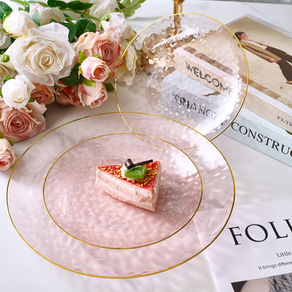 FOCUSLINE 60Pcs Clear Plastic Plates, Pink Disposable Plates with Gold Rim, 30 7" Salad Dessert Plate and 30 10" Dinner Plate Heavy-duty Hammered Plates for Party, Wedding