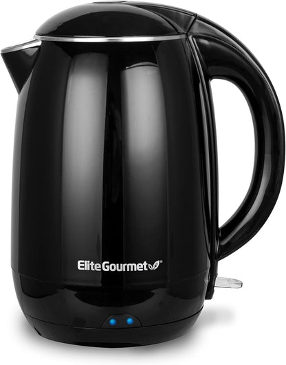 Elite Gourmet EKT1821 1.8L Double Wall Insulated Kettle, 1500W with Stainless Steel Interior, Auto Shut-Off, Black