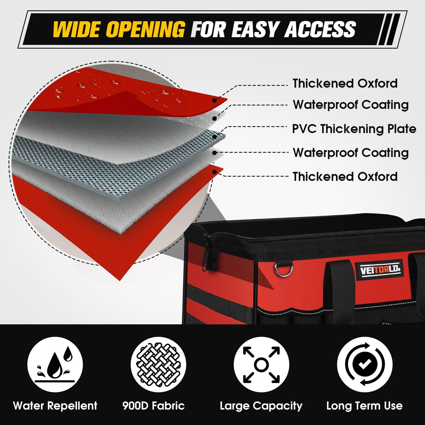16-Inch Heavy Duty Tool Bag, 19-Pockets Tool Box Organizer, Portable Toolbag W/Soft Handle for Organized Storage, Mechanic Gifts for Men Dad Husband Fathers Day, Wide Mouth Electrician Toolbox, Red