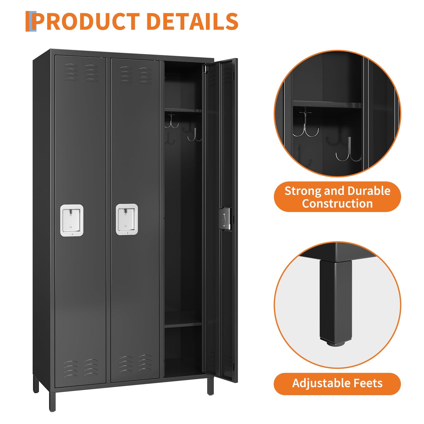 PioneerWorks 3-Door Metal Storage Locker with 9 Hooks, Heavy Duty Steel Locker for Gym, School, Office, Garage, Employee Locker Room, Home Organization, Black, Assembly Required