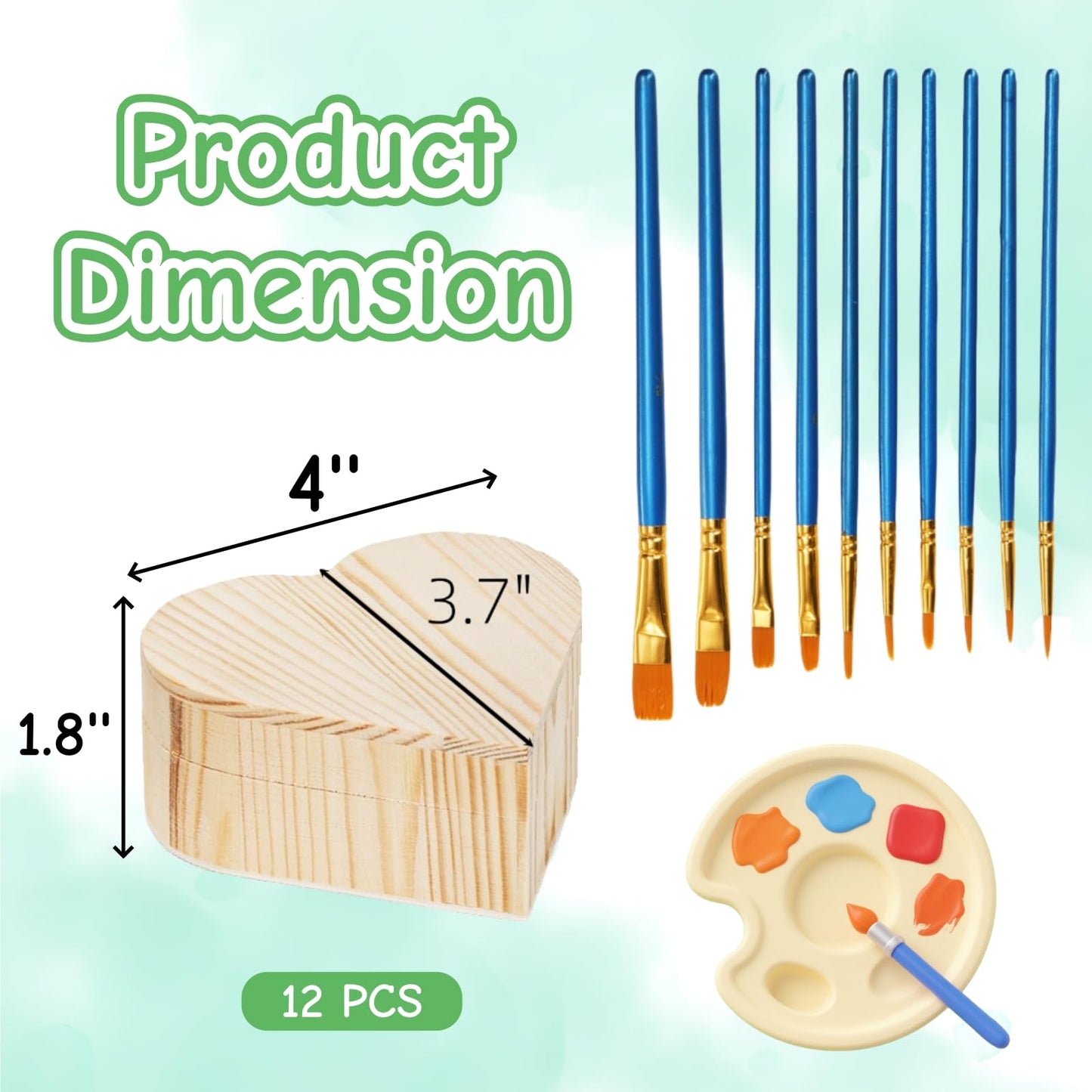 Acshio 12 Pack Unfinished Wood Heart Box, Unpainted DIY Treasure Chest with 10 Pcs Paint Brushes, Wooden Heart Shaped Storage Box Jewelry Box with Lid for Art Craft Painting Making Christmas