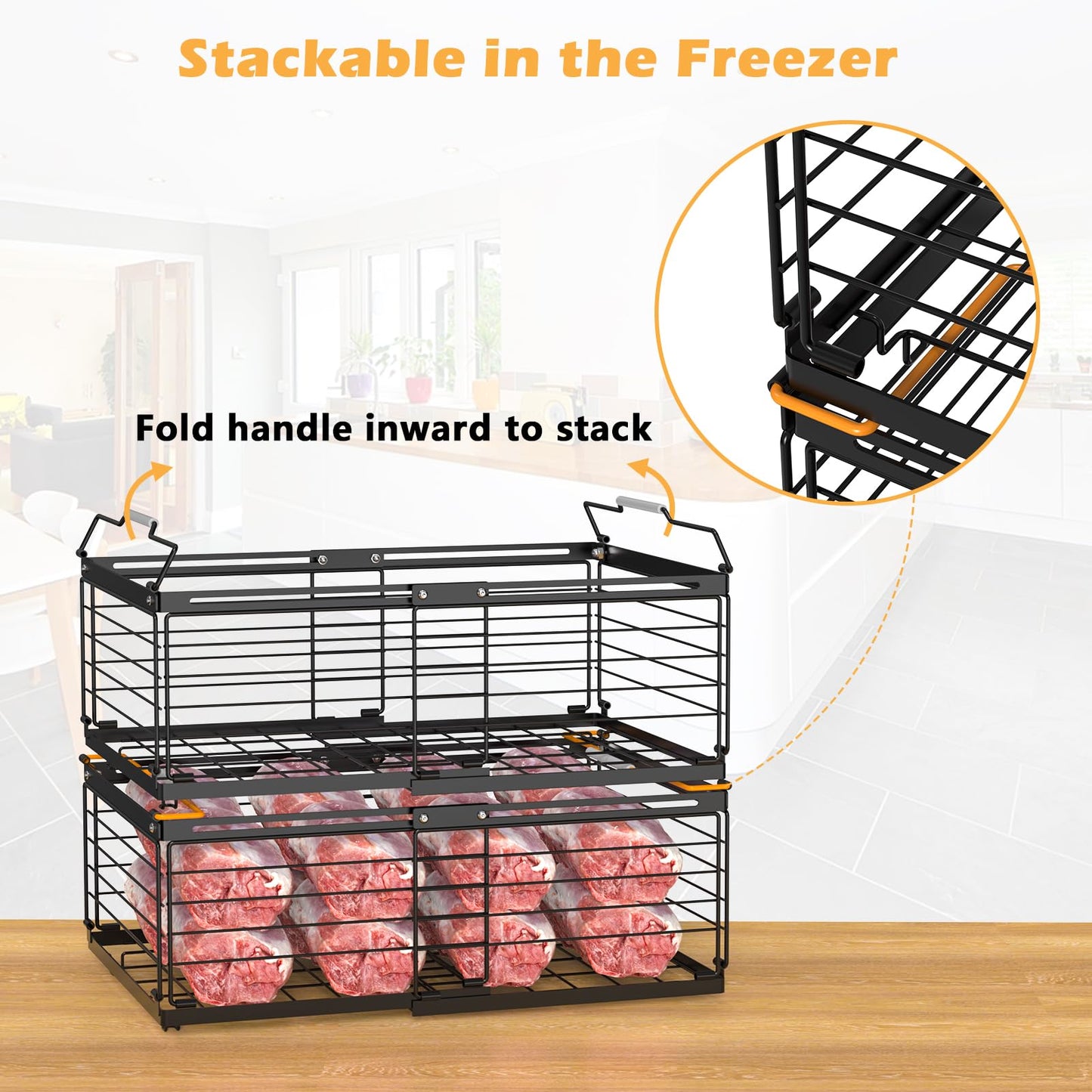 NADAMOO Freezer Organizer Bins, 2 Packs Large Expandable Stackable Chest Freezer Containers with Handle, Metal Adjustable Storage Baskets for Fridge, Deep Freezer, Cabinet, Kitchen, Pantry - Black