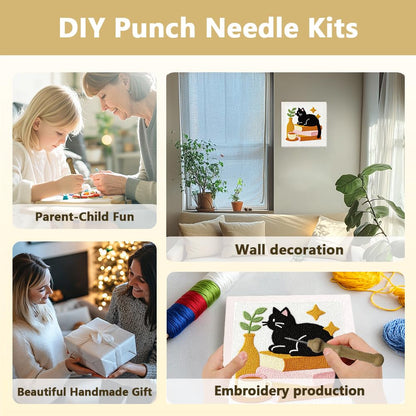 Doodlream Cat on Books Needle Kit for Beginner, 9.4"x 9.4" Coffee and Plant Punch Stitching Craft Set, Color DIY Embroidery Starter with Printed Frame, Instruction, Threader, Yarn, Pinch Needle