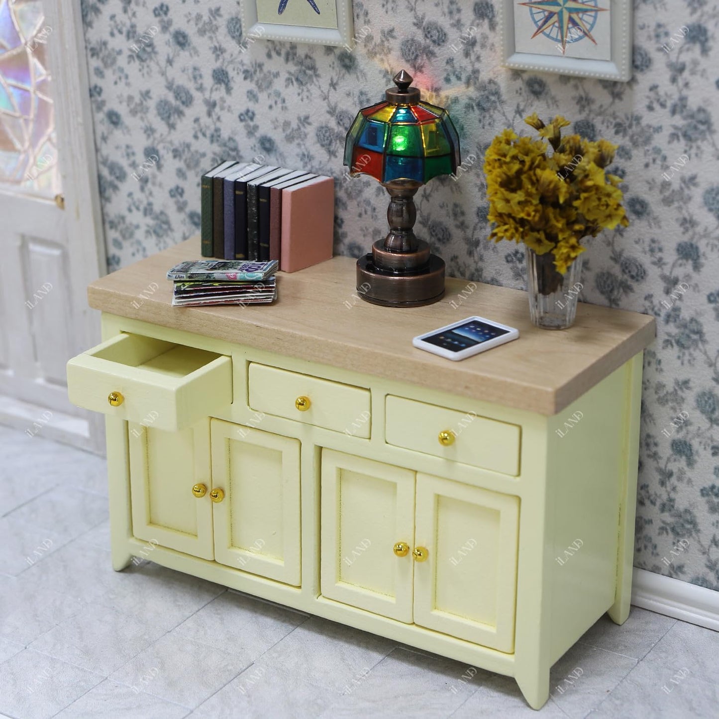 iLAND Dollhouse Furniture Miniature Cabinet for 1:12 Scale Accessories Wooden Dollhouse Kitchen Furniture Mini House Modern Décor Storage Cabinet with Drawers Classic Cupboard for Living Room Bedroom