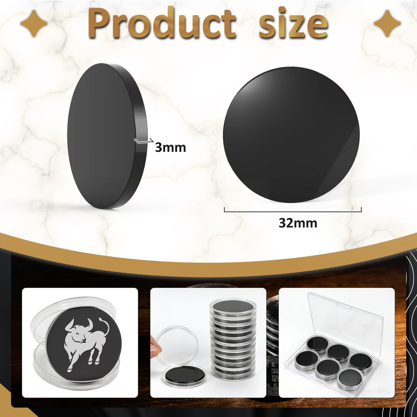 12pcs 1 1/4" Black 304 Stainless Steel Challenge Coin Blanks 1/8" Thick with Acrylic Protection Box Laser Engraving Hand Stamping DIY Crafts Birthday Commemorative (32mm)