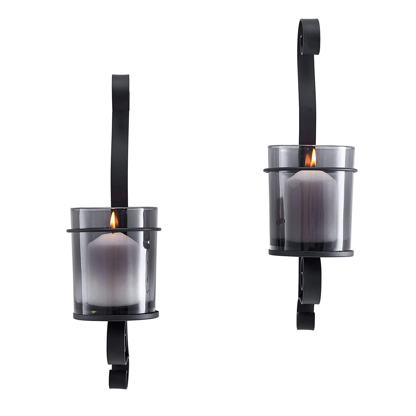 Danya B. 14.5" Vintage Black Wall Sconce Candle Holder Set of 2 with Smoke Glass Hurricanes and Iron Metal Frames, Rustic Style, for Standard Pillar or Flame-Less LED Candles