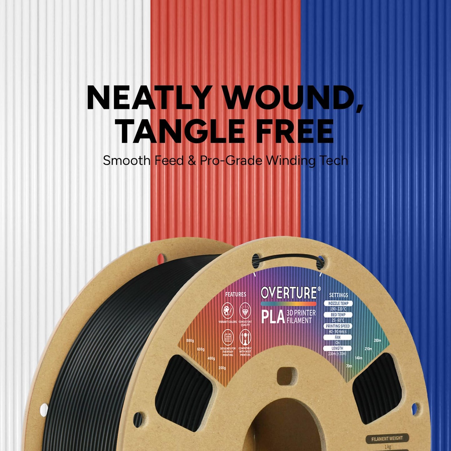 OVERTURE PLA Filament 1.75mm, Neatly Wound 3D Printer Filament 1kg Spool (2.2lbs), Dimensional Accuracy +/- 0.02 mm, Fit Most FDM 3D Printers (Black 1-Pack)
