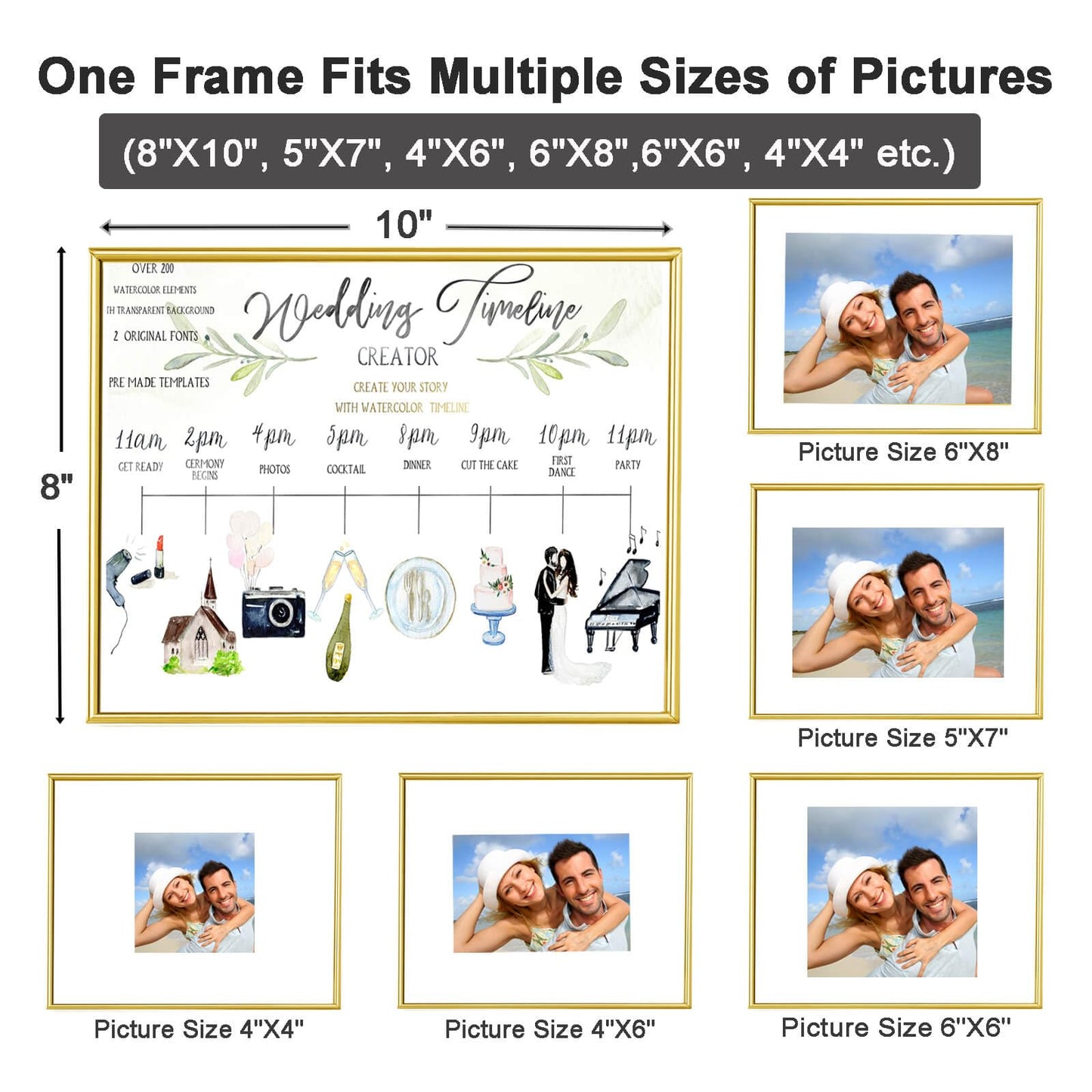 CROXXID 8x10 Picture Frame set of 2, for 5x7 6x8 with Floating Effect, for 8 x 10 without Floating, Double Real Glass Photo Frames Only for Tabletop, Home or Wedding Decoration Gift (Horizontal Gold)