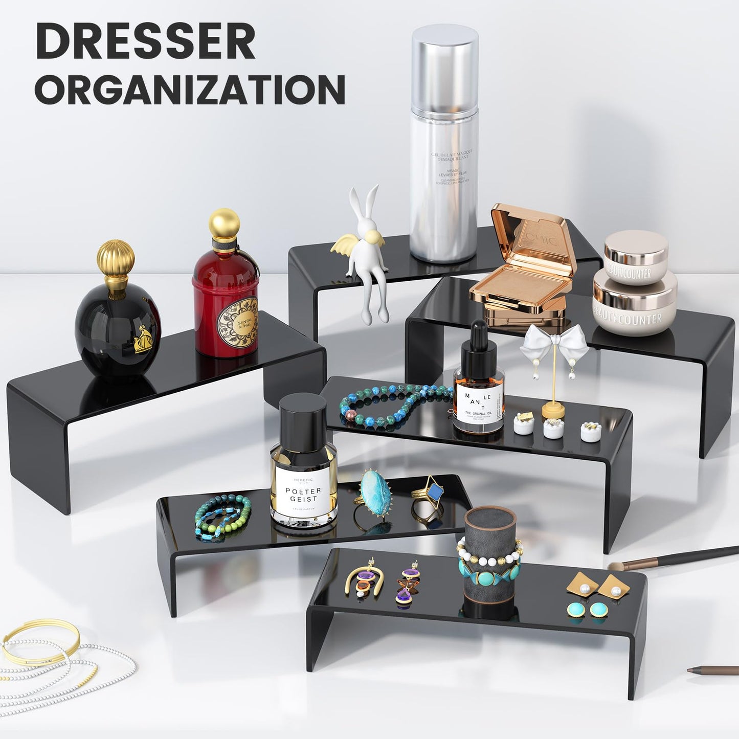 KOSKWKREO 6 PCS Black Acrylic Display Risers for Figures, Collectibles, Jewelry and Perfume, Tiered Stands for Retail Display and Party Table