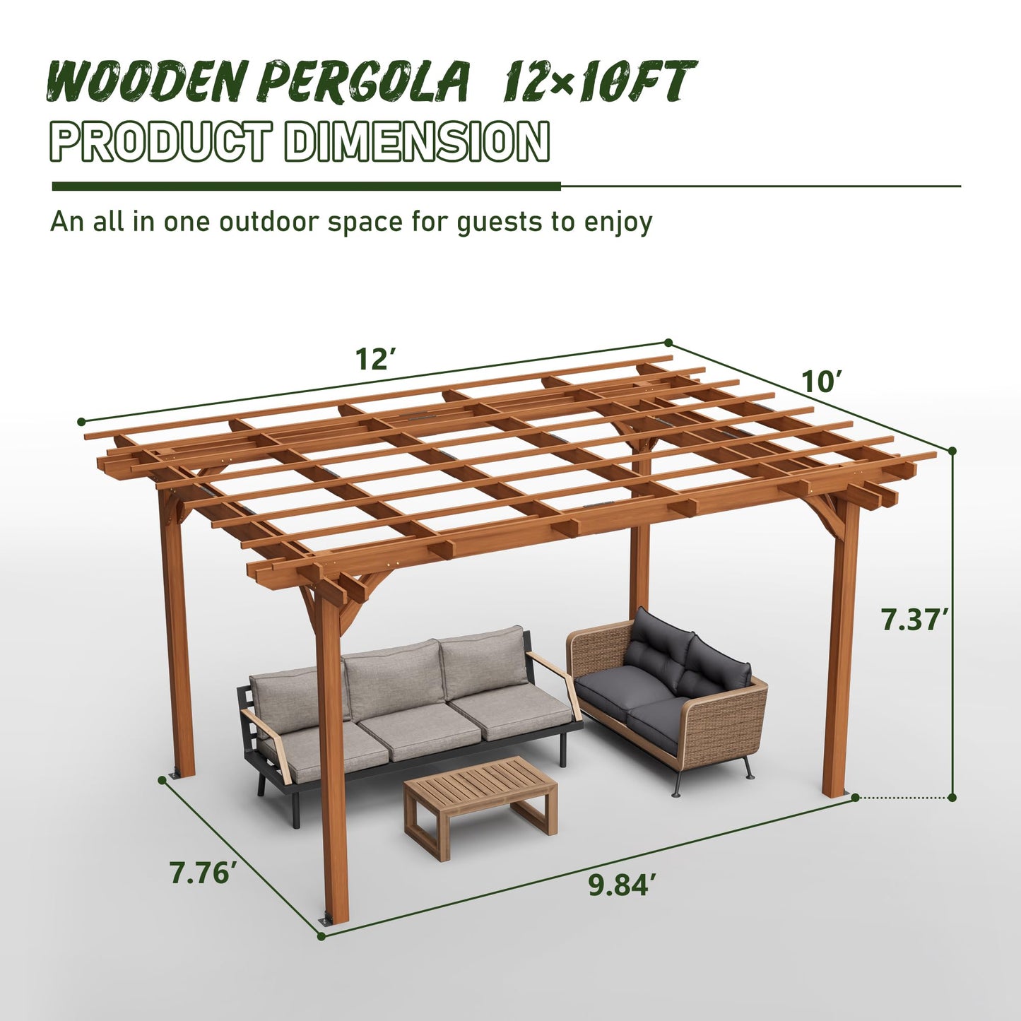 Outdoor Wooden Pergola, Fir Wood, 12x10 Ft, for Patio, Backyard, Garden, Lawn, Natural Brown