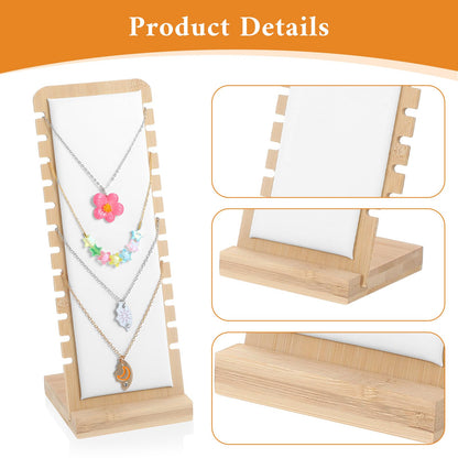 Oqqlin 3 Pcs Necklace Display Stands for Selling, Bamboo Necklace Holder with PU Leather Panel Beige Multi-Tiered Jewelry Display Storage Set for Vendors and Home (11.8x7.9x3.3 Inch/10.6x3.9x3.7 Inch)