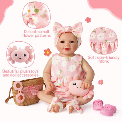 BABESIDE 16-20 Inch Reborn Baby Doll Clothes Set with 16 Inch Doll Shoes for Reborn Dolls, Summer Floral Babydoll Clothes with Bag Headband for Realistic Baby Dolls Accessories, Pink