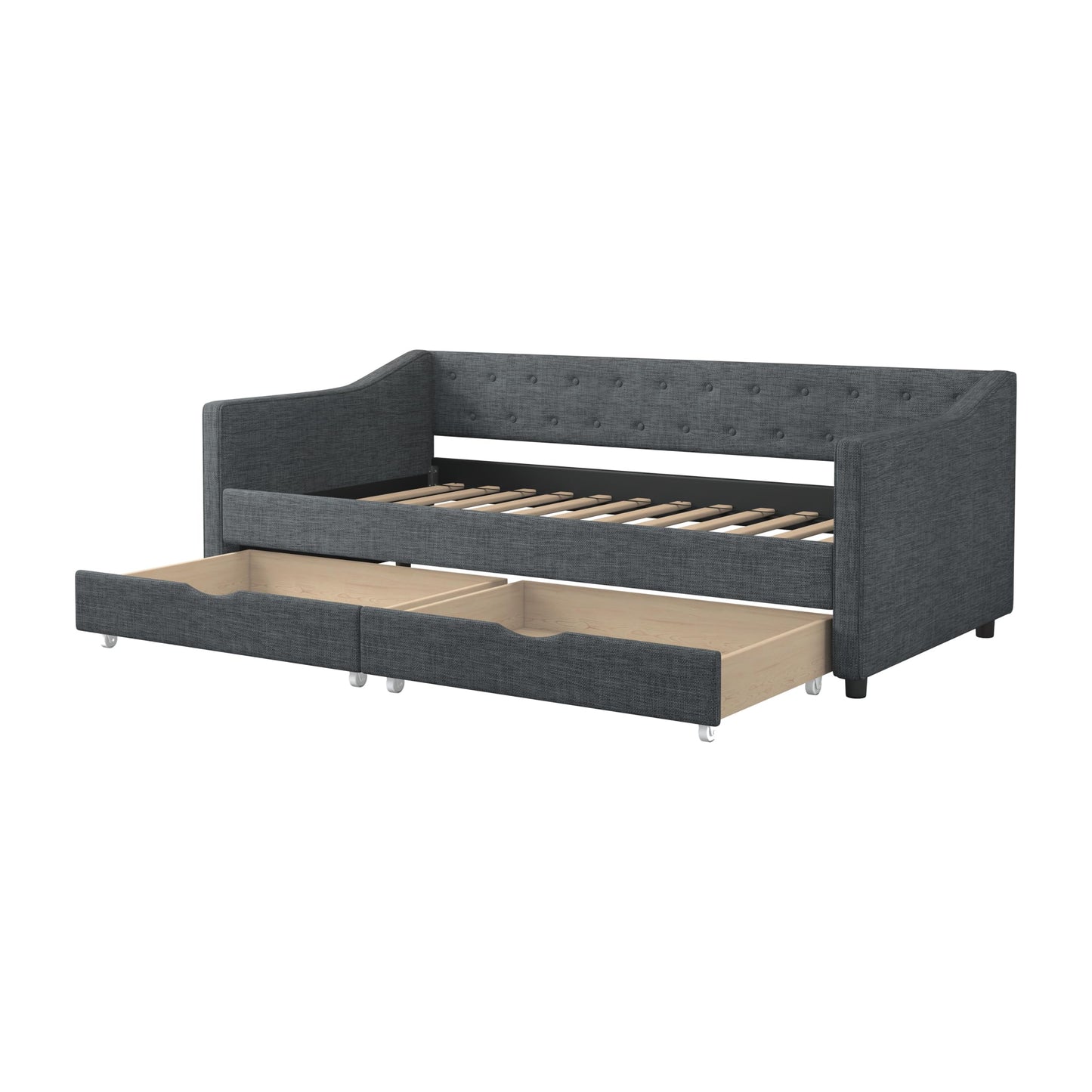 Ball & Cast Twin Size Daybed with Storage Drawers,Linen Upholstered Day Bed Frame with Button Tufted Back and Waved Shape Arms for Bedroom,Guest Room,No Box Spring Needed,Dark Grey