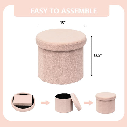 15-Inch Compact Round Ottoman with Hidden Storage - Pink