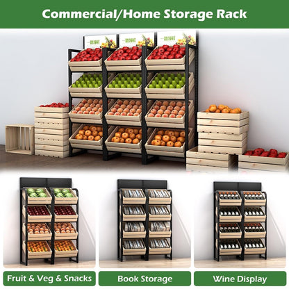 KYTGFH Commercial Supermarket Fruit Vegetable Shelf, Large Capacity Retail Snack Rack Display with Wood Baskets for Kitchen Storage.4 Tier,White Rack+Wooden Box