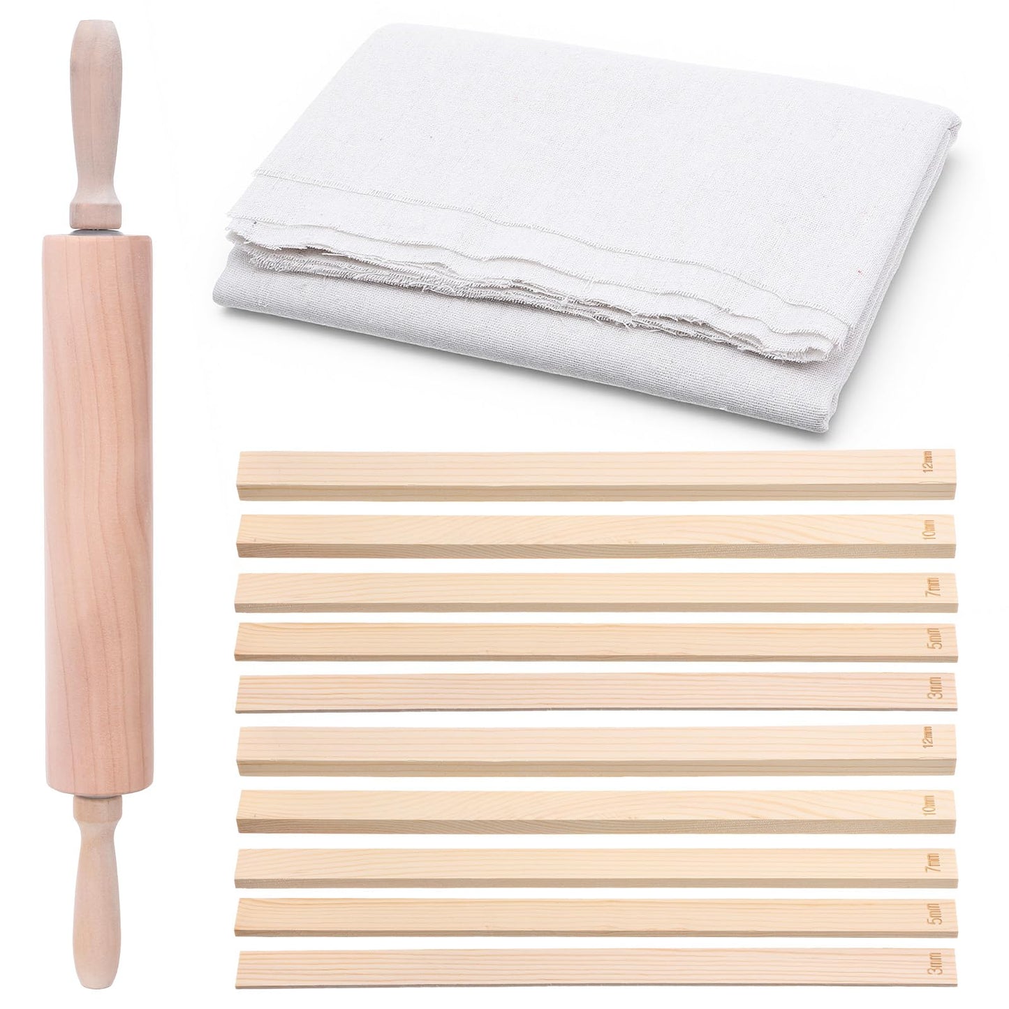 mekueeex 12 Pcs Polymer Clay Tools Set with Bamboo Clay Rolling Pin, 5-Size Guide Rails & Linen Mat - Essential Pottery Tools and Supplies for Sculpting, Pottery Wheel & DIY Crafts