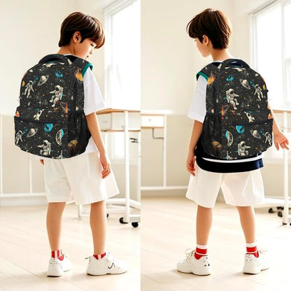 Jollitot Space Backpack for Boys with Insulated Lunch Box Pencil Case (3 Set), 17 Inch Large Lightweight School Bookbag for Elementary Middle School Kids, Waterproof Astronaut Travel Daypack (Black)