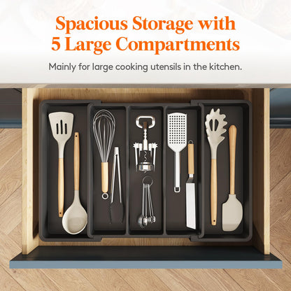 Lifewit Utensil Organizer for Kitchen Drawers, Expandable Cooking Utensil Tray, Adjustable Cutlery Silverware Flatware Holder, Plastic Spatula Tools Storage Divider, 13-22 x 15", Black