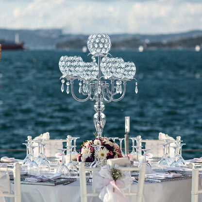 5 Arm Crystal Strap Pendant Silver Table Decor Candelabra Set of 2, 22.5 inches Elegant Dining Room Centerpieces for Holiday Parties Weddings