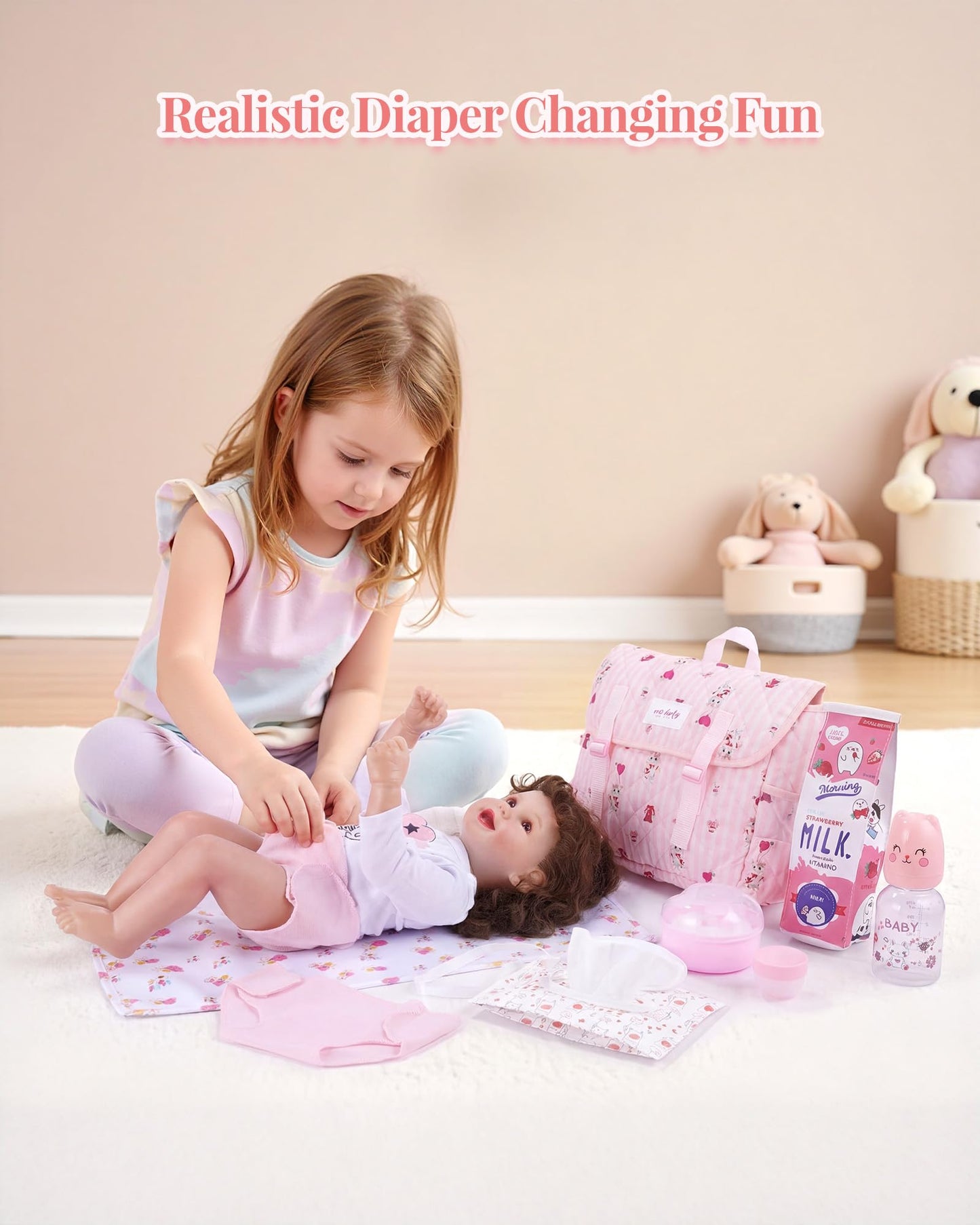 BABESIDE 9 Pcs Reborn Baby Doll Accessories for 17-22 Inch Reborn Dolls, Diaper Bag Set with 2 Diapers, Changing Pad, Bottle, Tissue and Care Set, Great for Children's Pretend Play, Doll Not Included