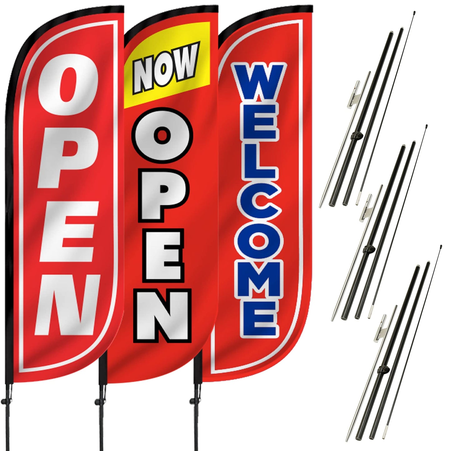 LookOurWay Feather Flag Pole Kit 3-Pack Bundle - 7ft Tall Grand Opening Advertising Banners with Poles and Ground Spikes - Open Red/White, Now Open Red/Yellow, Welcome Red/Blue