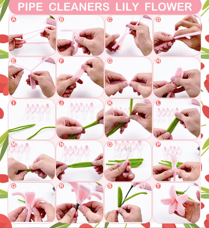 Pipe Cleaner Flower Kit Pink, 600PCS Pipe Cleaners Bulk for Flowers, Pipe Cleaners Craft Set, Chenille Stems Flower Making Kit with Floral Wires, Tape, Glue Sticks, Stamen, Wrapping Paper, Ribbon Card