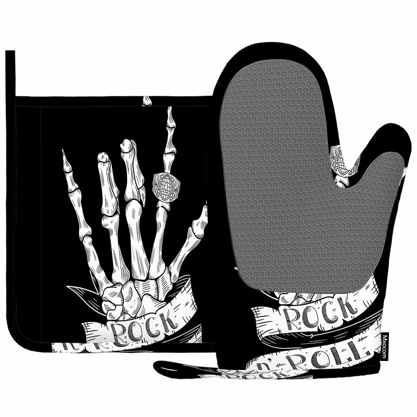 Mxocom Skeleton Oven Mitts and Pot Holders Sets Hand Rock N Roll Sign with Typography on Ribbon Black Silicone Heat Resistant Kitchen Oven Gloves Pot Holder for Cooking