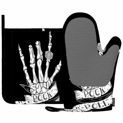Mxocom Skeleton Oven Mitts and Pot Holders Sets Hand Rock N Roll Sign with Typography on Ribbon Black Silicone Heat Resistant Kitchen Oven Gloves Pot Holder for Cooking