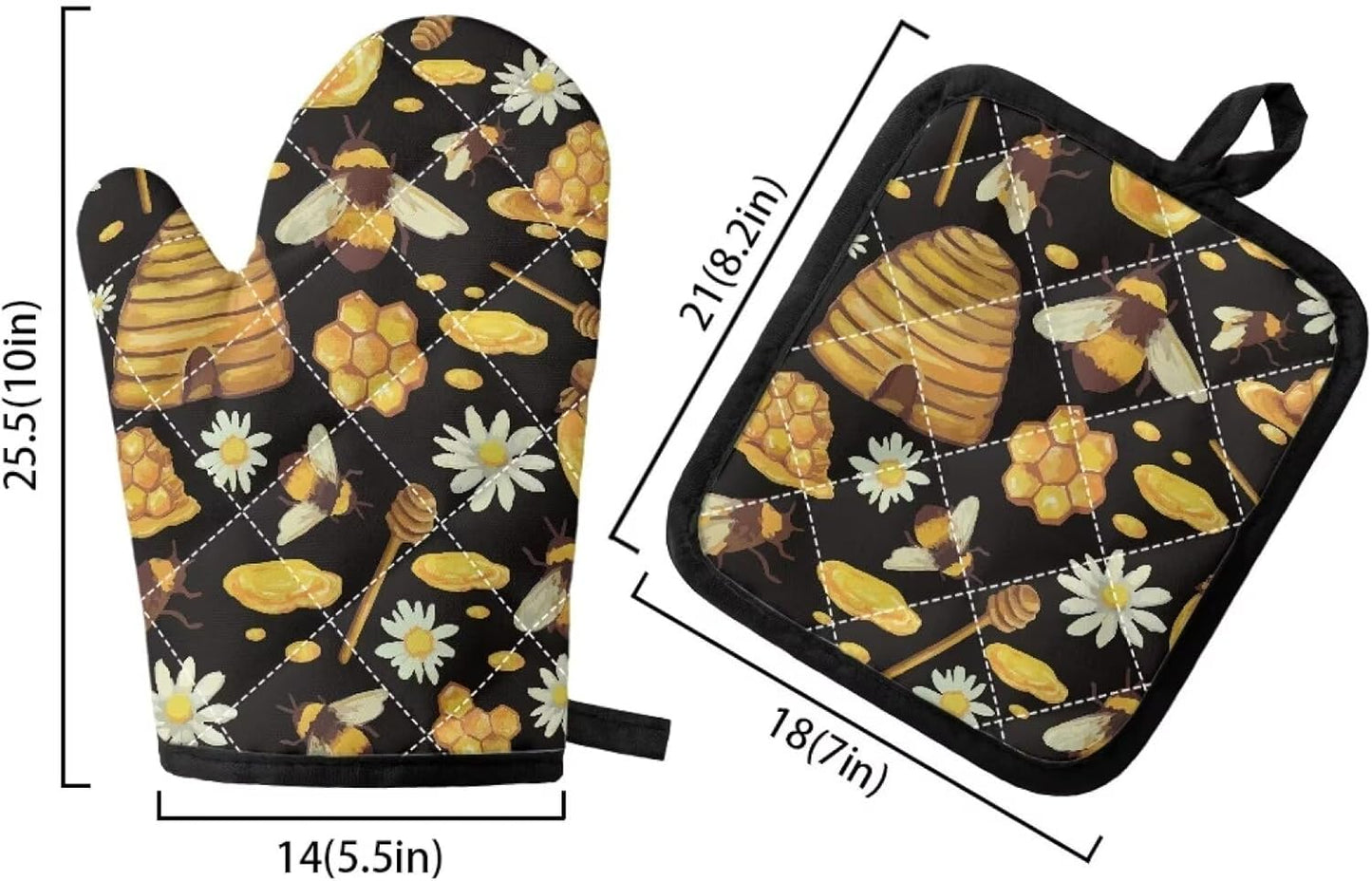 GIFTPUZZ Bee Oven Mitt Pot Holder Set of 2, Heat Resistant Heavy Duty Gloves + Thick Hot Mats for Kitchen