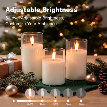 Rechargeable Flameless Glass Pillar Candles – Real Wax Flameless Candles Home Decorations,–Set of 3, Realistic Flickering LED Light,Remote & Timer, Ideal for Living Room, Bedroom & Festival Décor