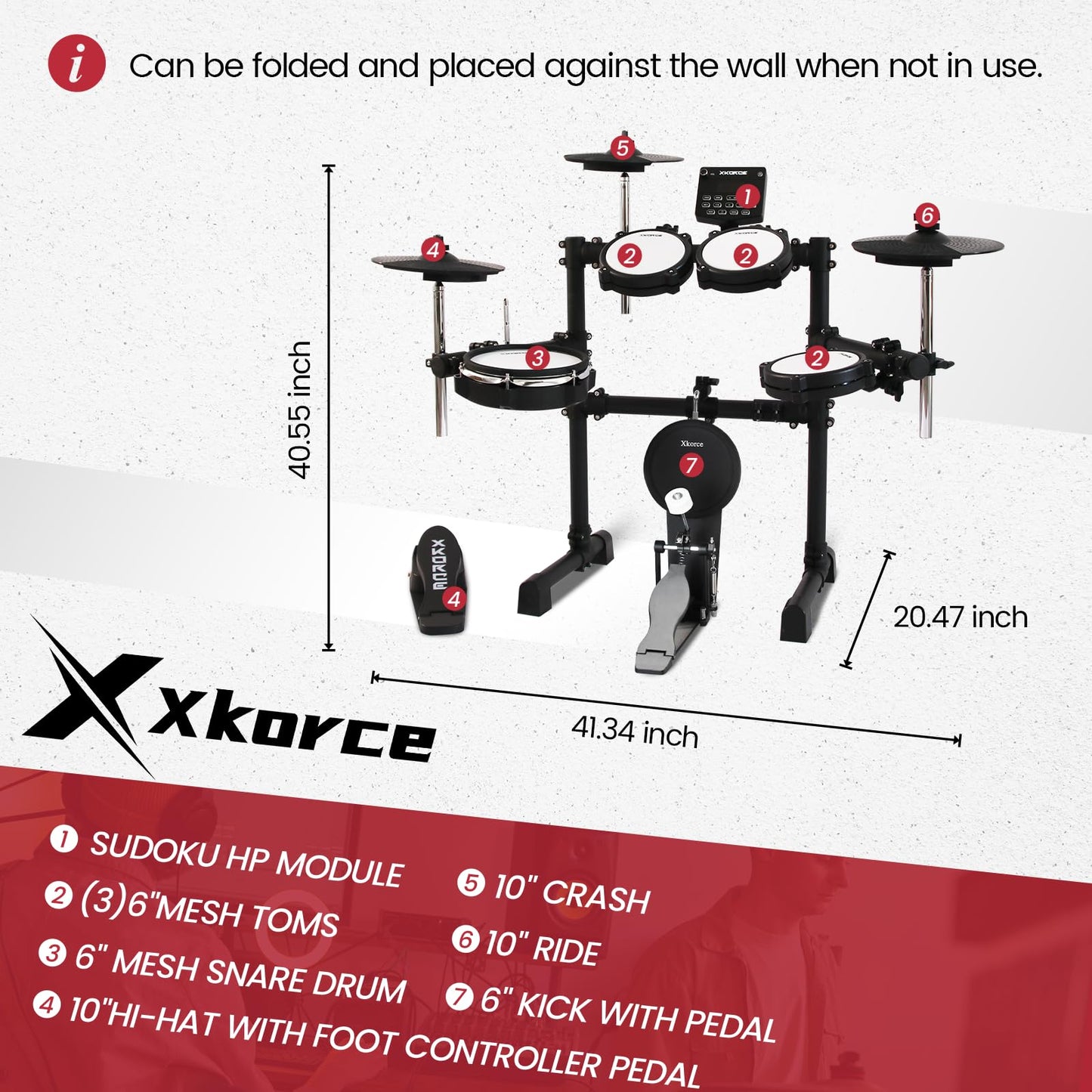 Xkorce Electronic Drum Set Electric Drum Kit with 4 Quiet Mesh Pads and 6" Kick Drum, 360 Sounds, Headphones, Sticks, Dual Bluetooth function, Suit for Beginner