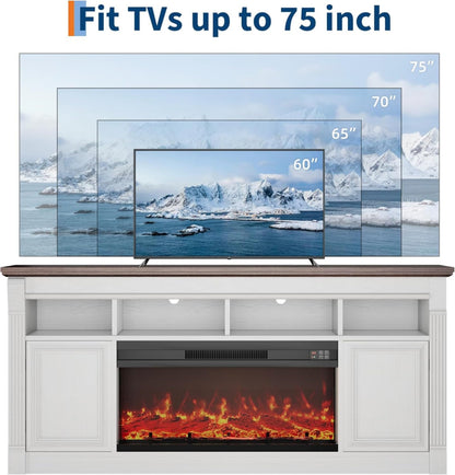 GarveeLife 68" Fireplace TV Stand for TVs Up to 75", Entertainment Center with 36'' Corded Electric Fireplace, Remote Controlled Realistic 3D Flame, Console Table with Storage Shelves, White & Brown
