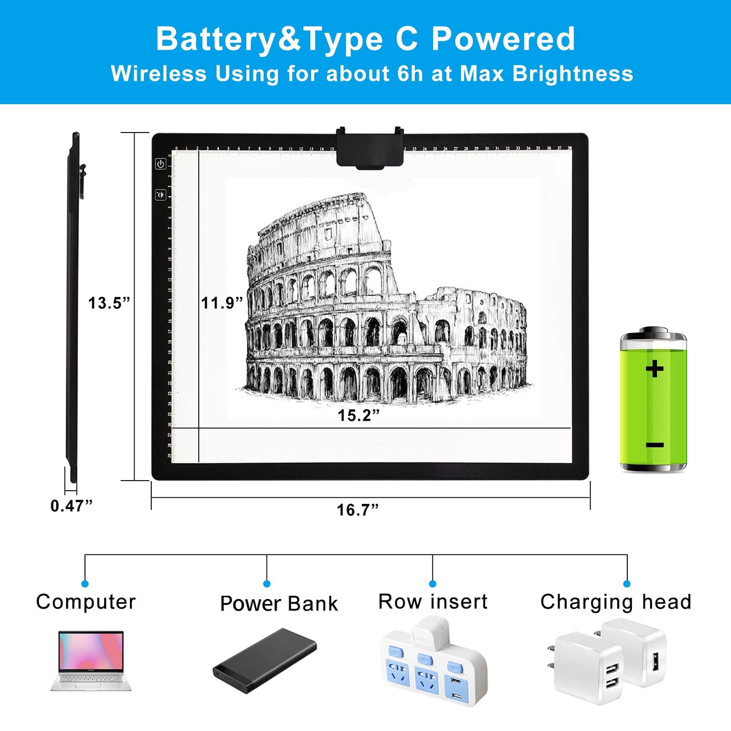 TOHETO A3 Light Pad, Rechargeable Light Board for Diamond Painting, Tracing Light Box with Stand and Clip, Light Table Lightbox for Tracing, Drawing