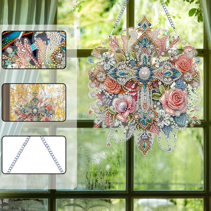 Sulunmo Diamond Art Hanging Kit, Diamonds Art Painting Pendant for Adults, DIY Gem Painting Board Kit for Window Door(Gorgeous Cross-82)