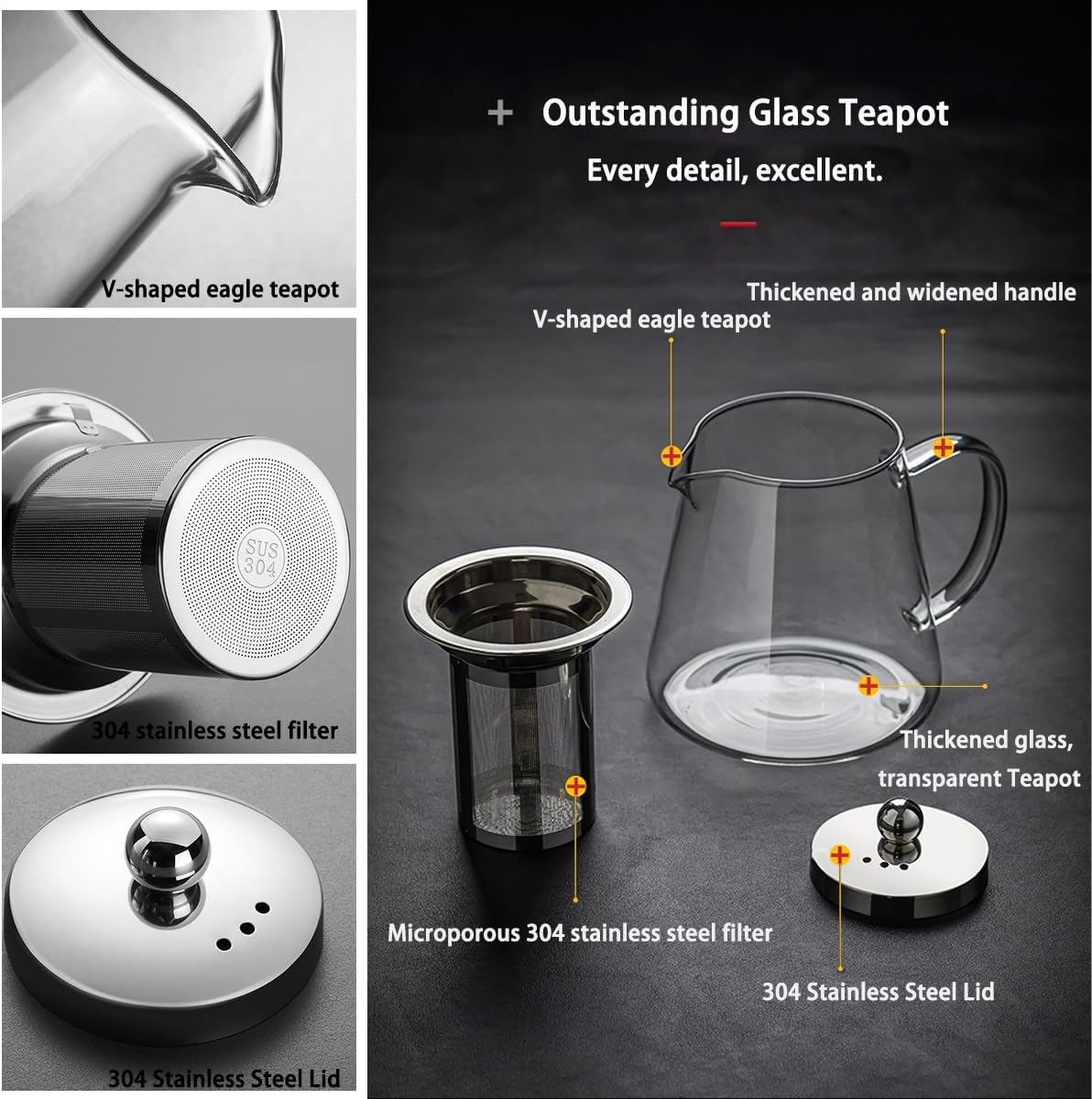 MJZQCD Glass Teapot (32oz/950ml) with Removable Stainless Steel Infuser, Transparent Stovetop Tea Kettle for Blooming