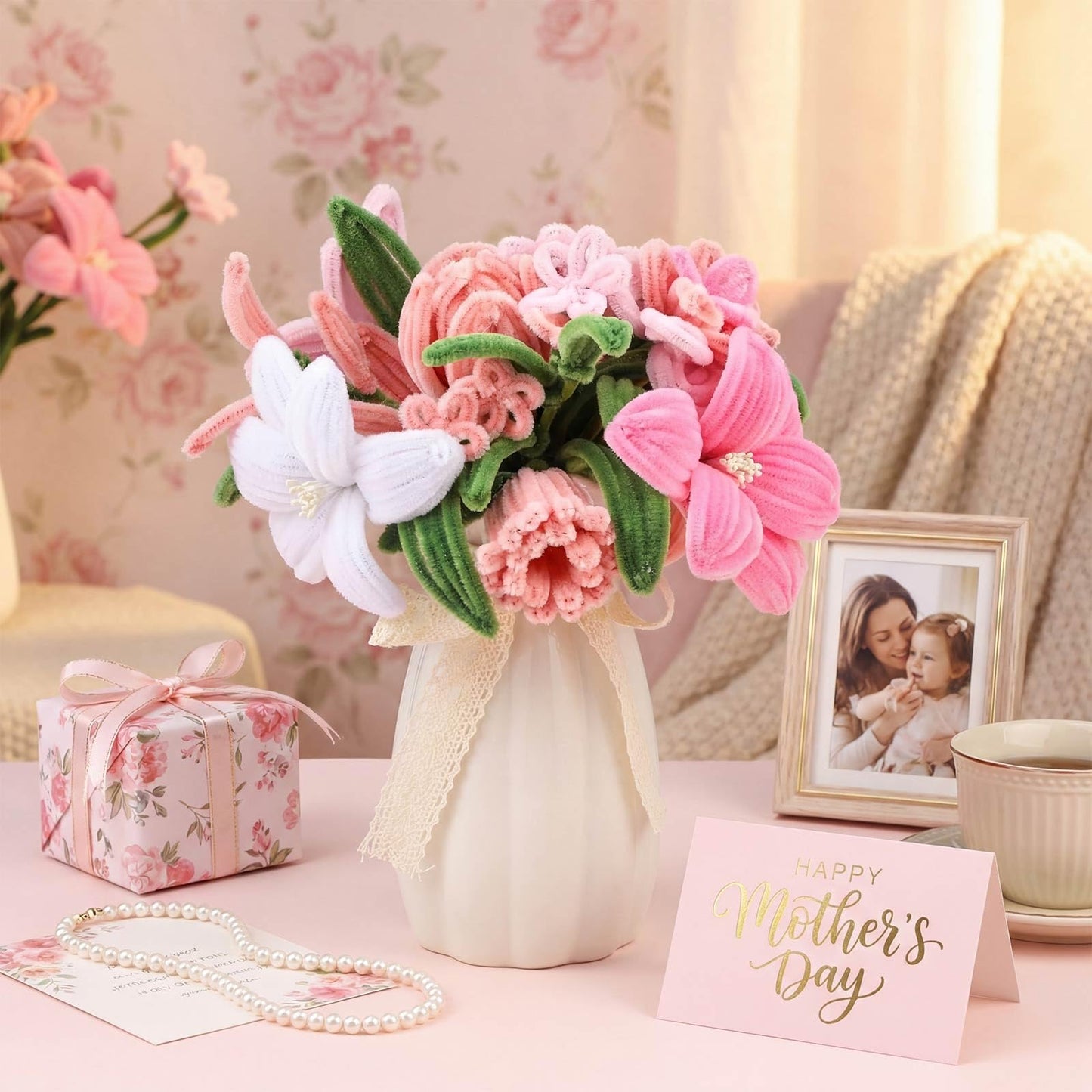Teyva Daily 1200 Pcs Pink Pipe Cleaners Craft Flower Pipe Cleaner Bulk Flower Kit 6 Color Chenille Stems Floral Making Kit with Floral Wires Gardening Tape Stamen Ribbon for Art and Craft Supplies
