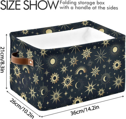 Foldable Canvas Storage Basket with Handles, Sun Moon Star Design, Durable Organizer for Nursery Kids Shelves