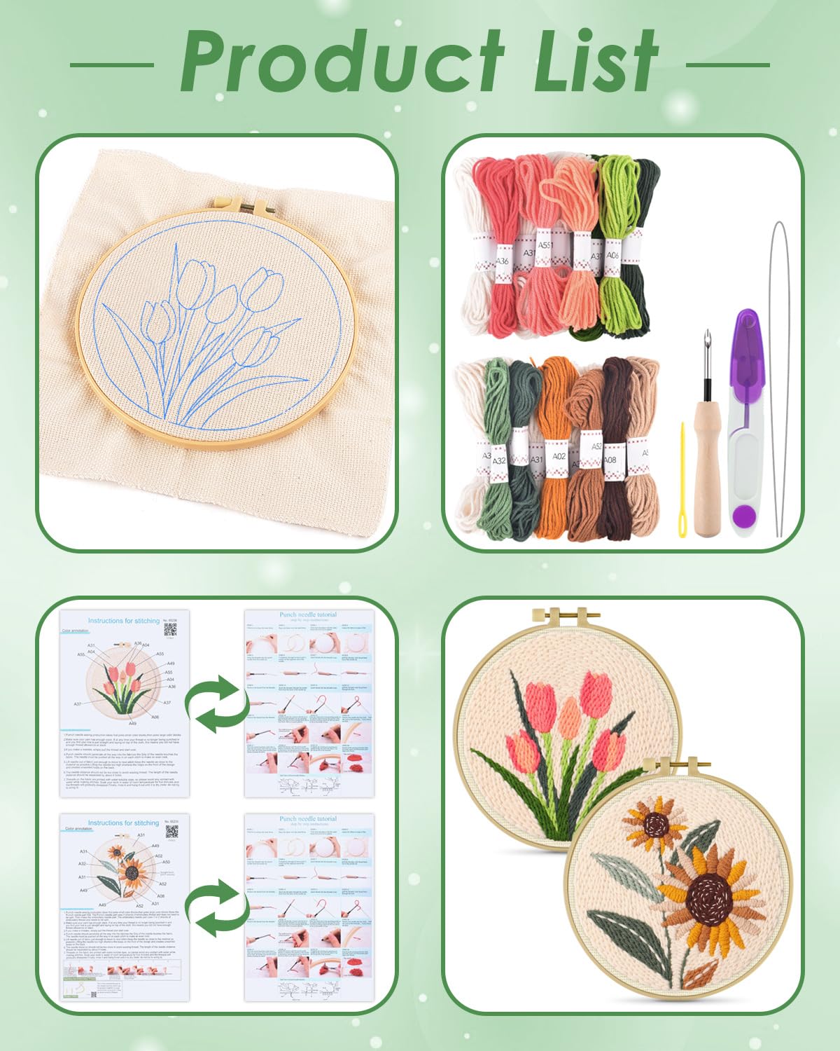 ERKOON Punch Needle Kit Adults Beginners, 2 Pcs DIY Easy Flower Embroidery Set for Starter Art Craft, Needling Punching Project with Patterns, Tools, Yarns, Hoop, Instruction (Sunflowers & Tulips)