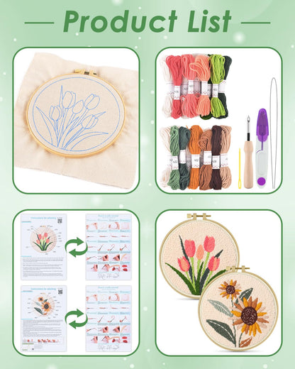 ERKOON Punch Needle Kit Adults Beginners, 2 Pcs DIY Easy Flower Embroidery Set for Starter Art Craft, Needling Punching Project with Patterns, Tools, Yarns, Hoop, Instruction (Sunflowers & Tulips)