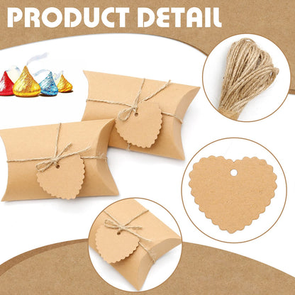 Saihisday 50PCS 5 x 3.5 Inches Kraft Pillow Boxes Large Kraft Pillow Candy Box Mini Foldable Gift Box Gift Boxes Jewelry Soap Packaging for Anniversary, Birthday, Graduation Halloween Party (Heart-shaped Blank Tag)