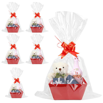 6 Set Christmas Baskets Gift Empty to Fill with Ribbons and Clear Bags for Christmas Graduation Valentine's Day Easter Wedding, Birthday Party Party Favors (red)