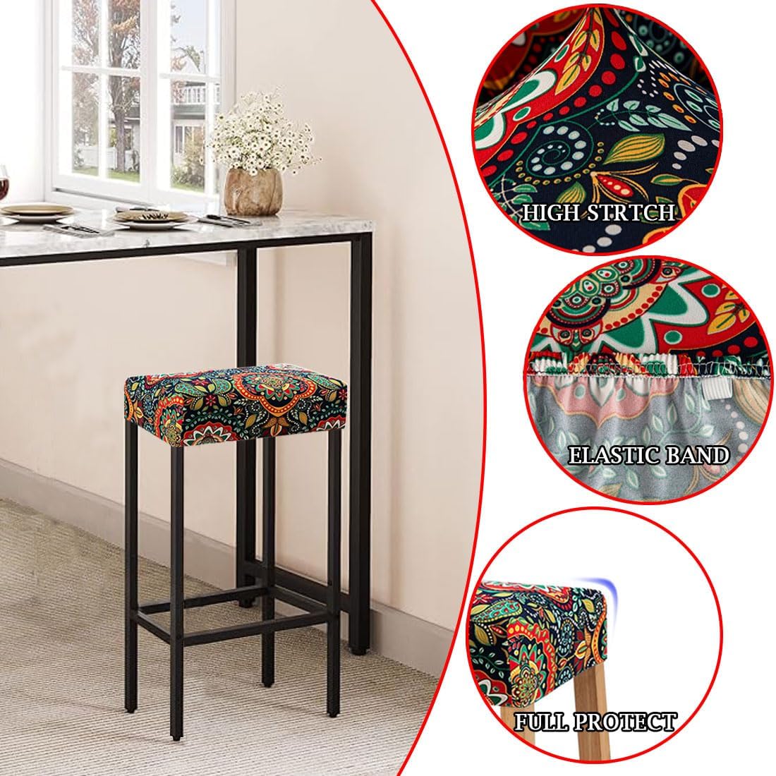 Lussenwert Set 4, 1 Stool Covers Rectangular of Stretch Printed Vanity Stool Covers Washable Saddle Bar Stool Slipcover