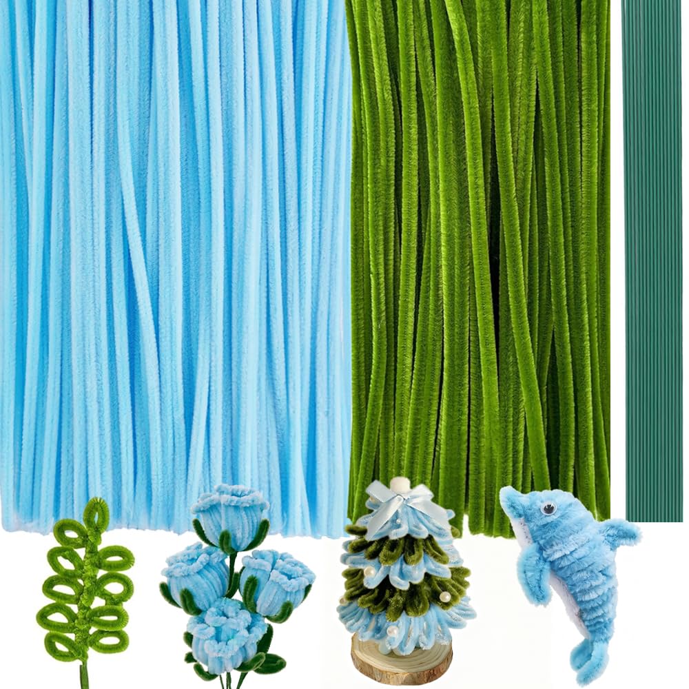 300Pieces Blue Pipe Cleaners Flower Kit with 20 Floral Wires, Floral Tape etc, Fluffy Blue Green Pipe Cleaners Craft Supplies, DIY Flower Kit for Wedding Mother's Day Gift, Holiday Decoration