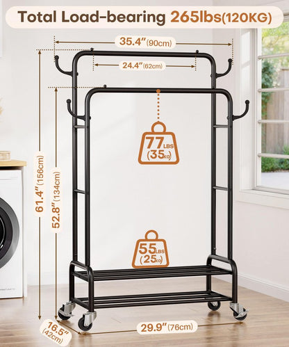 Homde Heavy Duty Clothes Rack: 265lb Rolling Double Rod Garment Hanging - Metal Coat Organizer Storage Display Shelf on Wheels for Bedroom Laundry