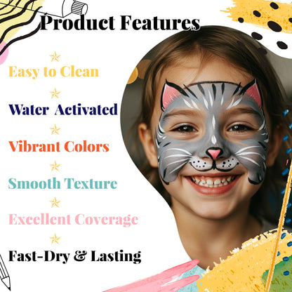 Face Painting Kit for Kids, 42 Colors Professional Face Paint Makeup Kit Non-Toxic Water Activated Facepaint Palette with Brush, Stencil, Sponge, Gem, for Party Halloween Christmas (42 Colors)