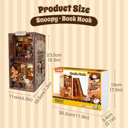 puremind Snoopy Peanuts Book Nook Kit, 9.3" 3D Wooden Puzzle DIY Miniature Kit with LED Lights, Book Cafe Bookshelf Insert Diorama Gift for Adults and Snoopy Fans