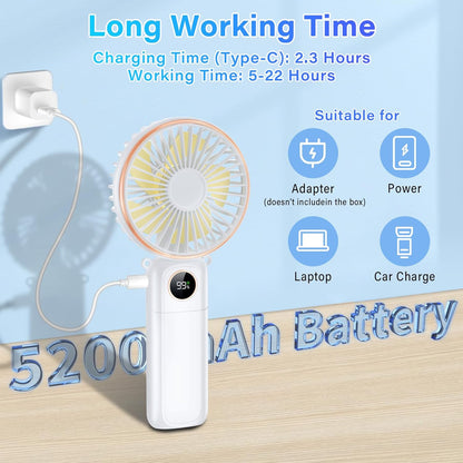 Portable Handheld Fan, 5200mAh Rechargeable, 180° Foldable Mini Hand Held Fan, Max 22 HRS Working, 6 Speeds, Quiet