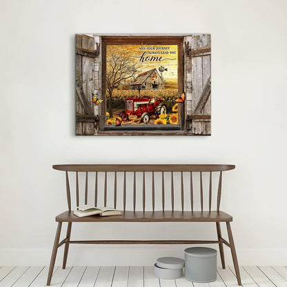 Farmhouse Canvas Wall Art Red Old Tractor Picture, Rustic Sunflowers Country Painting for Kitchen Decor